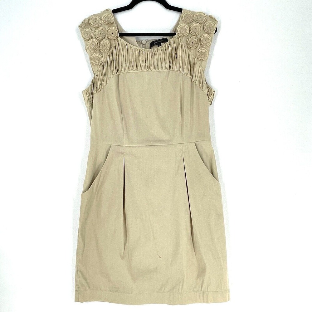 BCBGMaxAzria Mocha Sleeveless Beige Ruffle Dress Pockets Size 10